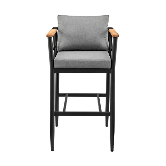 Armen Living - Wiglaf Outdoor Patio Counter or Bar Height Bar Stool in Aluminum and Teak with Grey Cushions - 840254333048