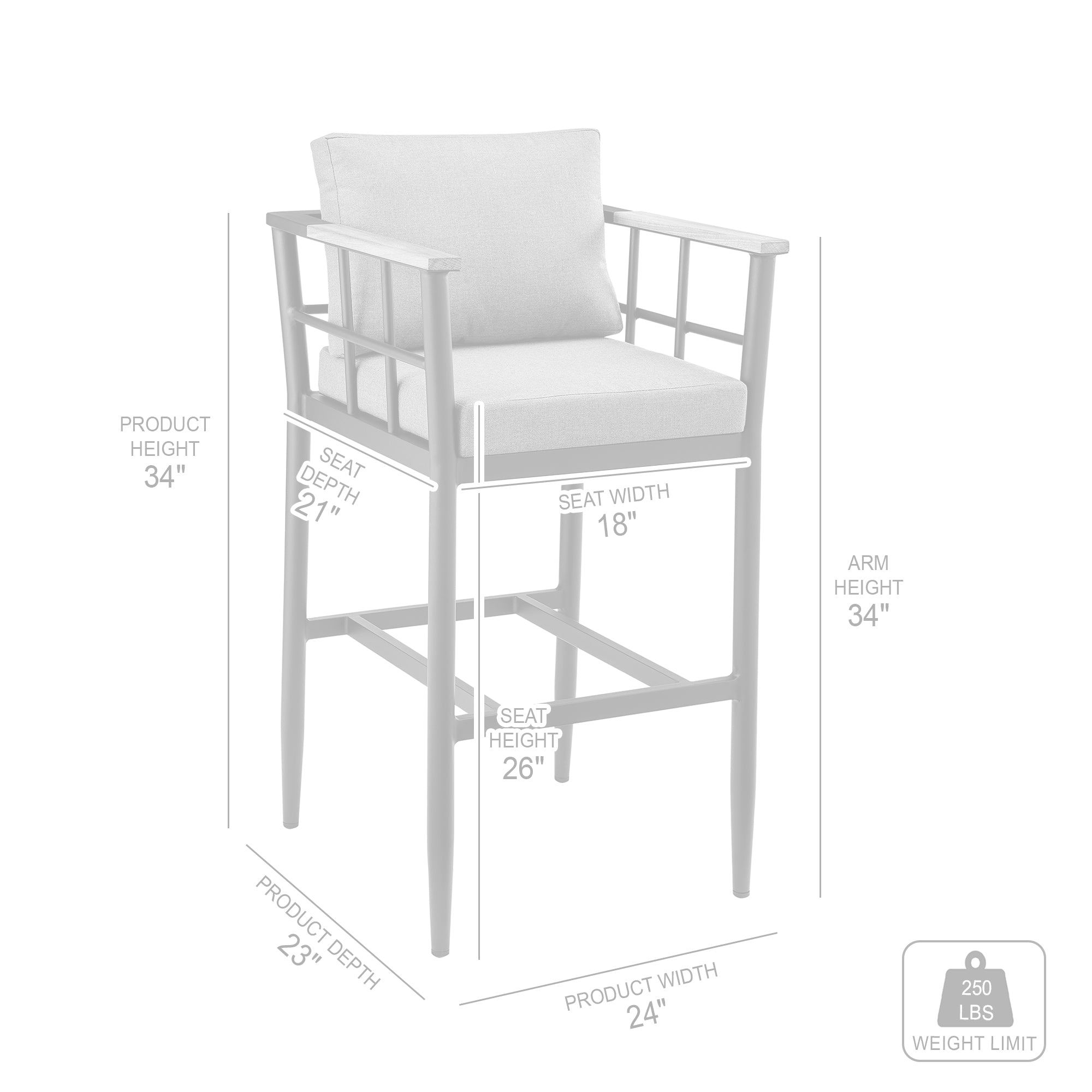 Armen Living - Wiglaf Outdoor Patio Counter or Bar Height Bar Stool in Aluminum and Teak with Grey Cushions - 840254333048