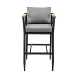 Armen Living - Wiglaf Outdoor Patio Counter or Bar Height Bar Stool in Aluminum and Teak with Grey Cushions - 840254333055