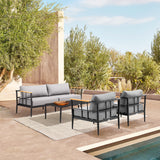 Armen Living - Shari Outdoor Patio 4-Piece Lounge Set in Aluminum with Teak Wood and Grey Cushions - 840254333079