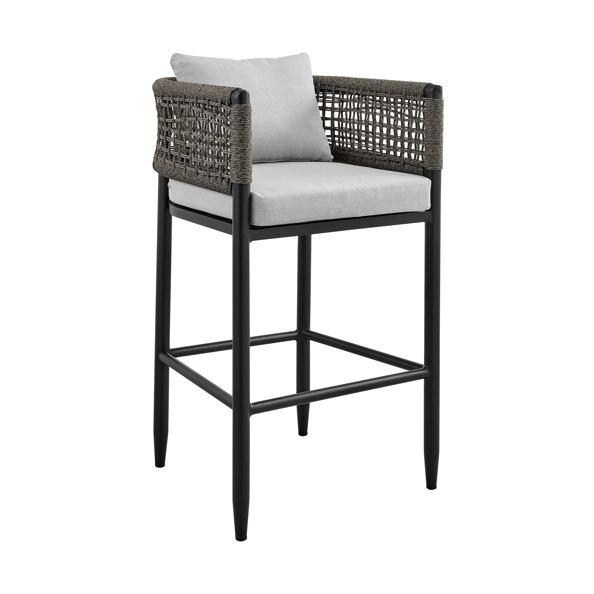 Armen Living - Felicia Outdoor Patio Counter or Bar Height Bar Stool in Aluminum with Grey Rope and Cushions - 840254333109