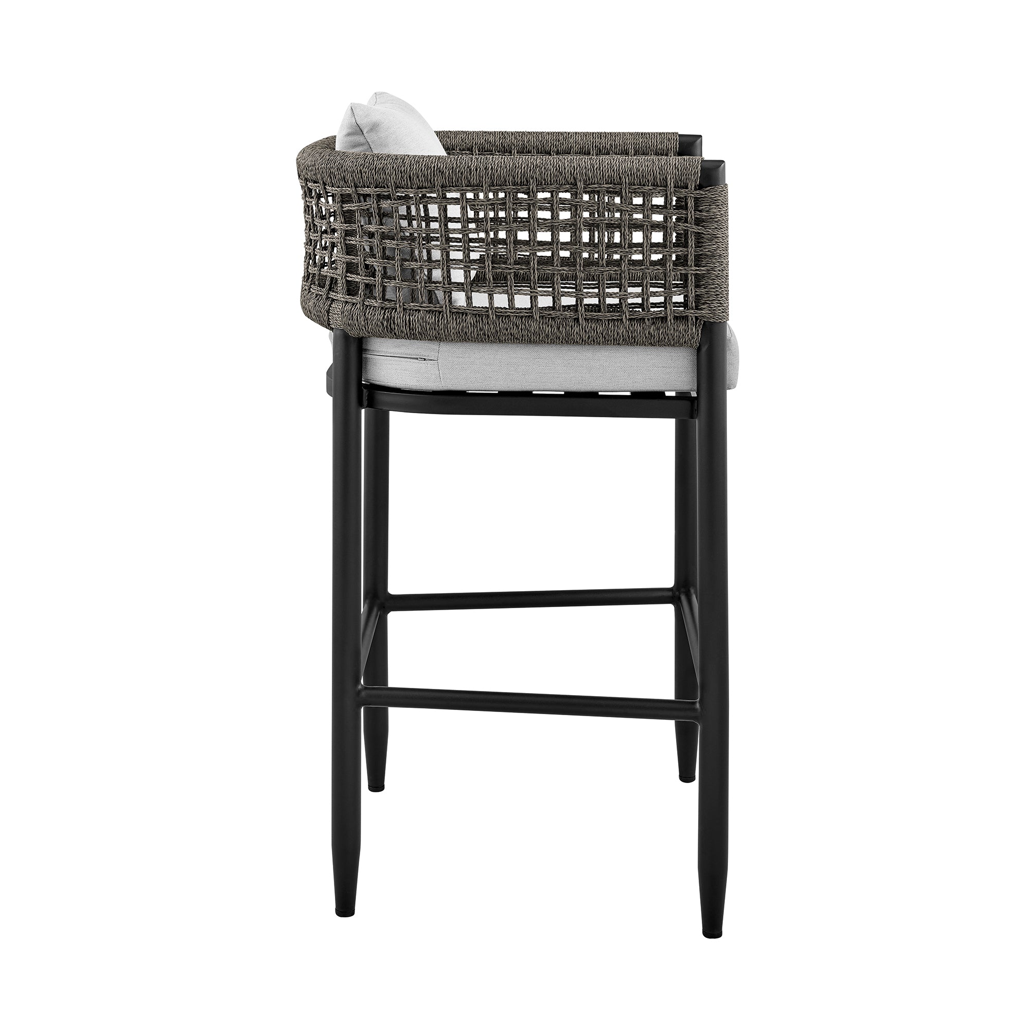 Armen Living - Felicia Outdoor Patio Counter or Bar Height Bar Stool in Aluminum with Grey Rope and Cushions - 840254333116