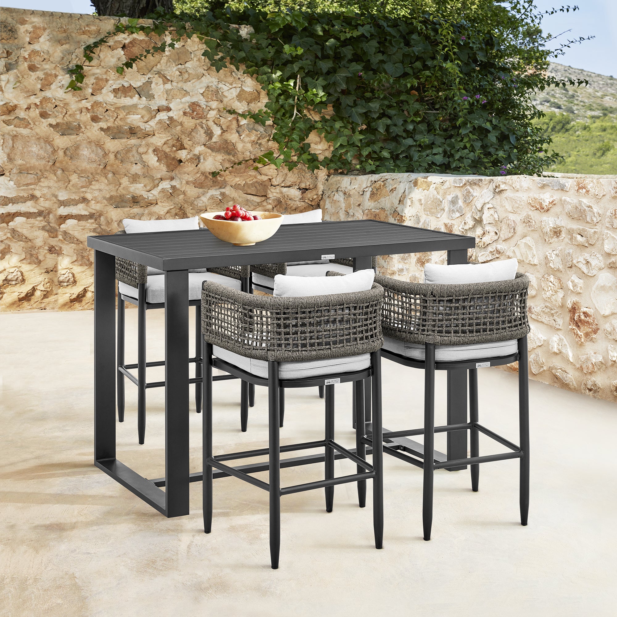 Armen Living - Felicia Outdoor Patio 5-Piece Bar Table Set in Aluminum with Grey Rope and Cushions - 840254333130