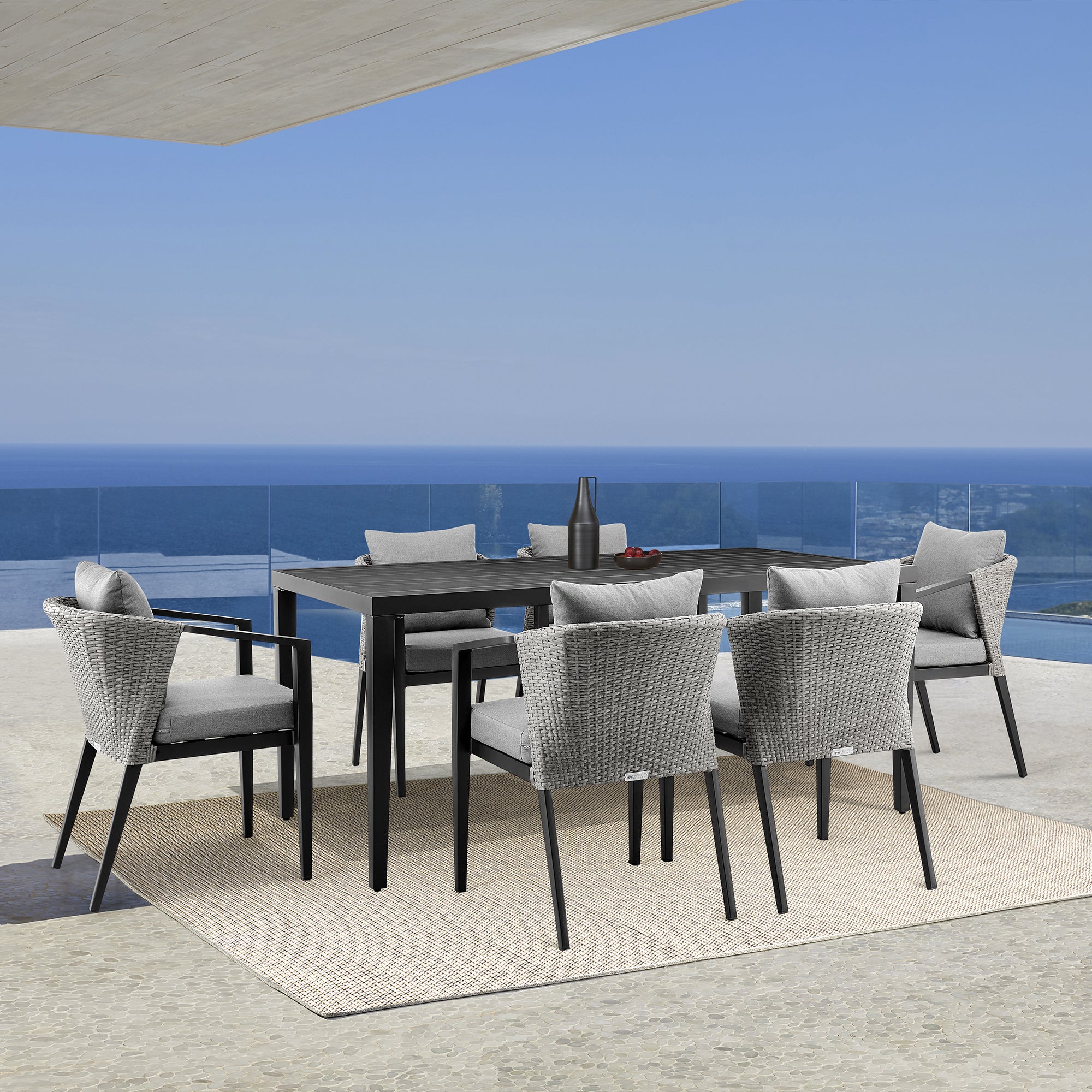 Armen Living - Aileen Outdoor Patio 7-Piece Dining Table Set in Aluminum and Wicker with Grey Cushions - 840254333222