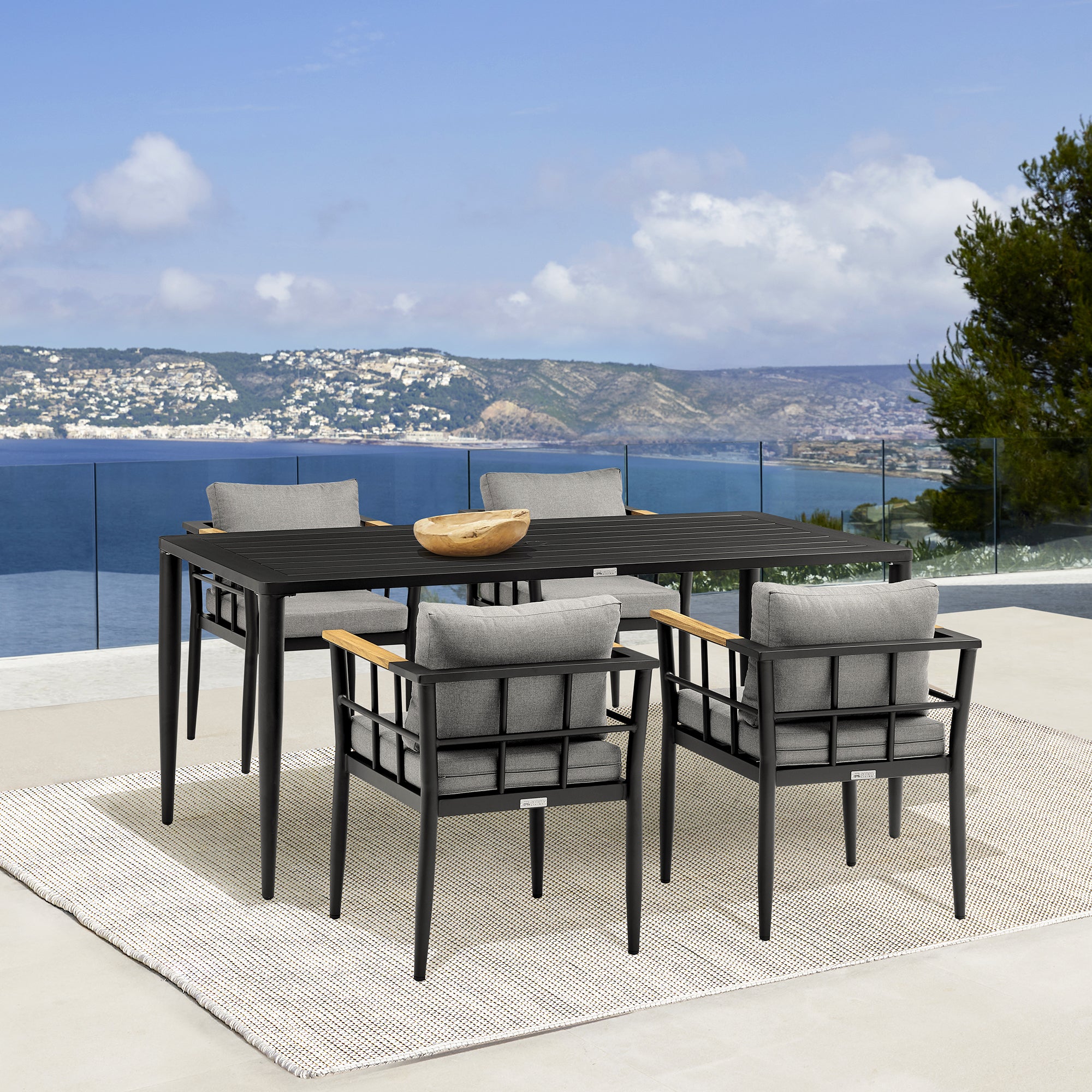 Armen Living - Beowulf Outdoor Patio 5-Piece Dining Table Set in Aluminum and Teak with Grey Cushions - 840254333291