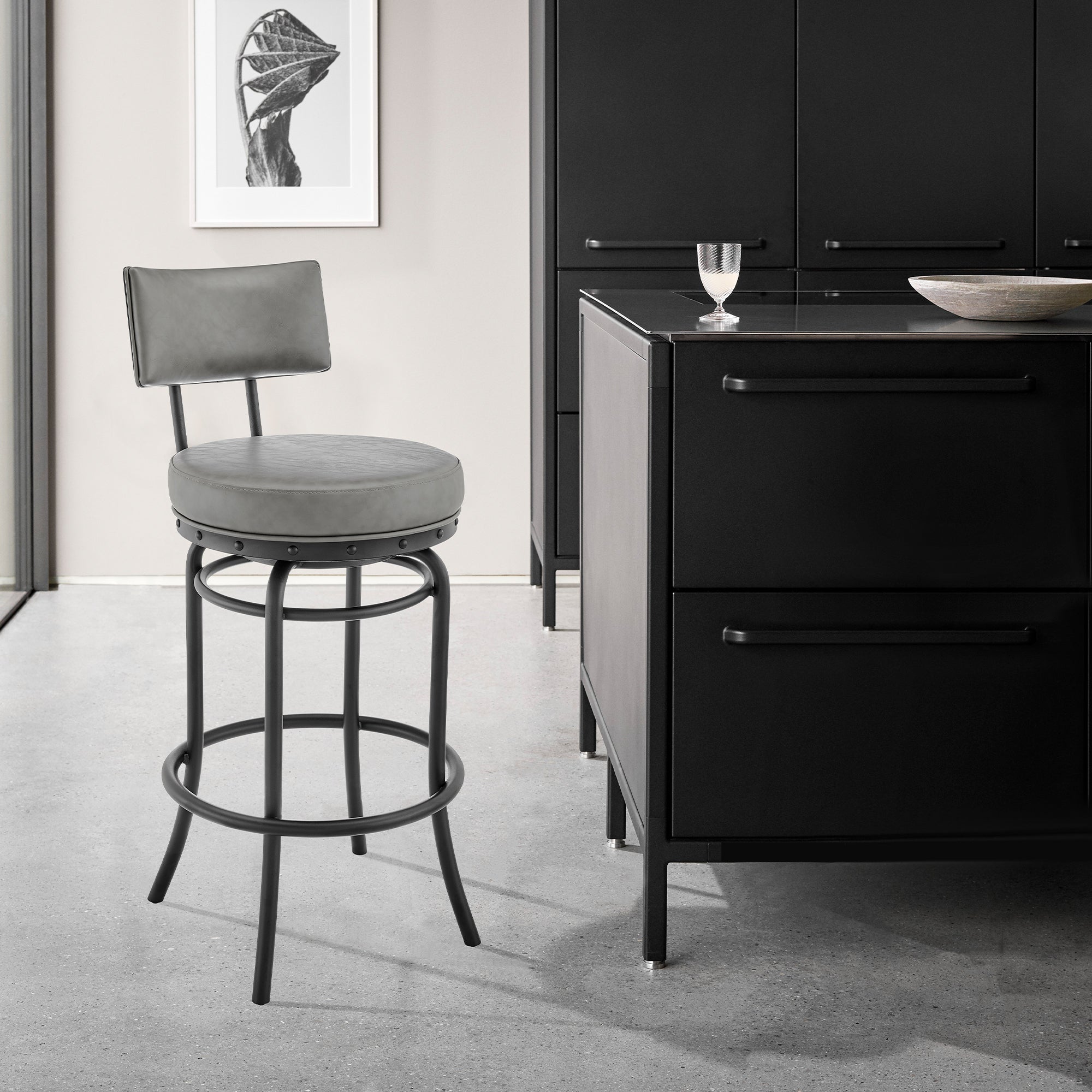 Armen Living - Rees Swivel Counter or Bar Stool in Metal with Faux Leather - 840254333604