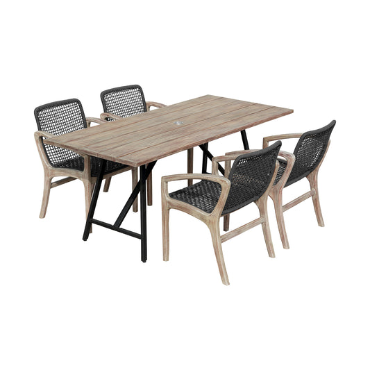 Armen Living - Koala and Brighton 5 Piece Outdoor Patio Dining Set in Light Eucalyptus Wood and Charcoal Rope - 840254333703