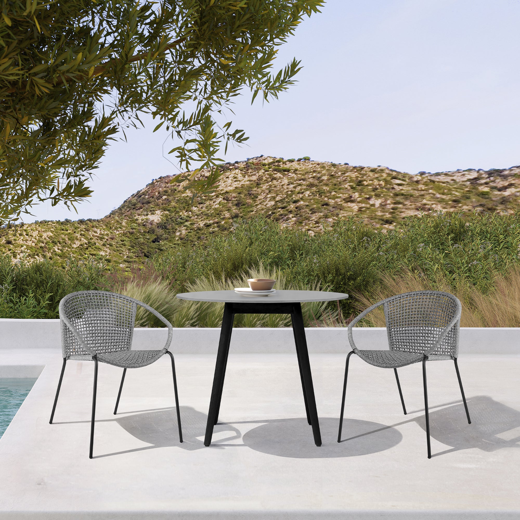 Armen Living - Sydney and Snack 3 Piece Outdoor Patio 36" Dining Set in Black Eucalyptus Wood and Grey Rope - 840254333765