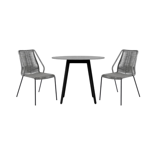 Armen Living - Sydney and Clip 3 Piece Outdoor Patio 36" Dining Set in Black Eucalyptus Wood and Grey Rope - 840254333772