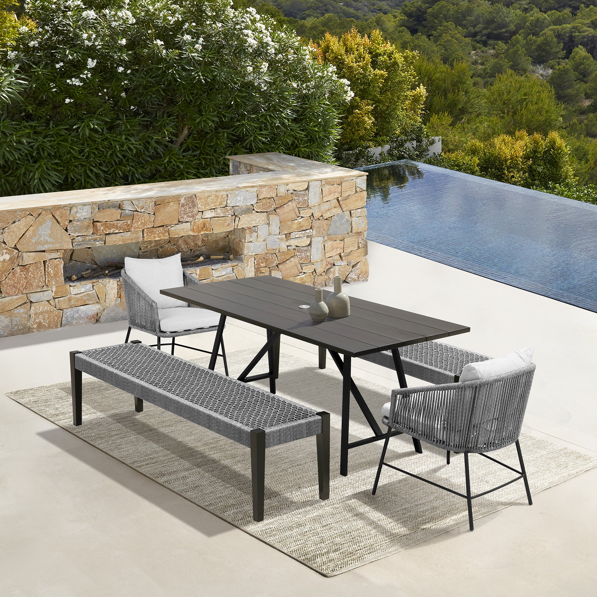 Armen Living - Koala Calica and Camino 5 Piece Outdoor Dining Set with Dark Eucalyptus Wood and Grey Rope and Cushions - 840254333796