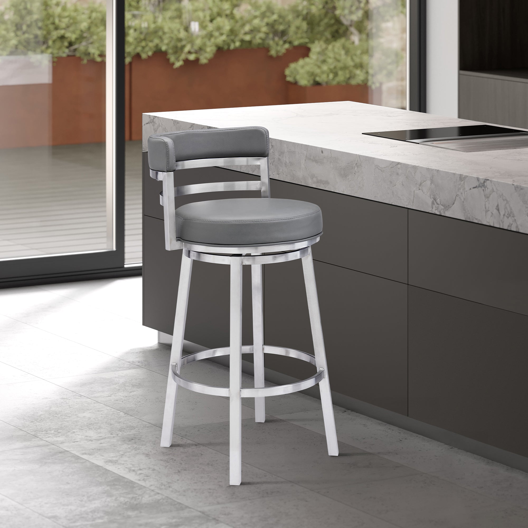 Armen Living - Titana Bar or Counter Stool in Grey Faux Leather and Metal - 840254335066