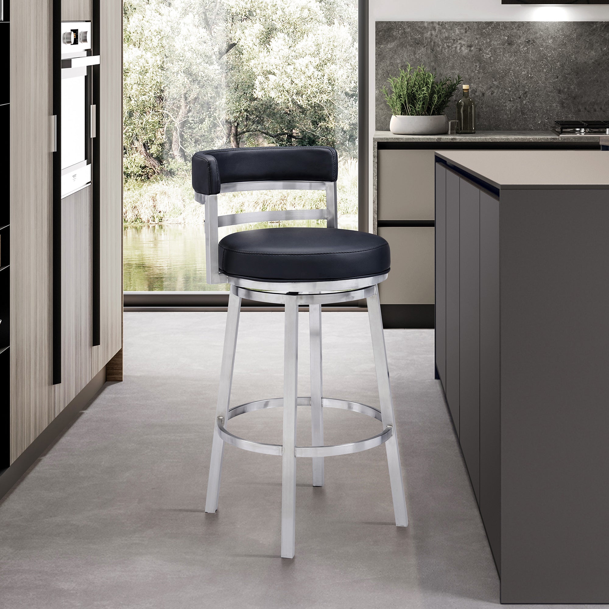 Armen Living - Titana Bar or Counter Stool in Black Faux Leather and Metal - 840254335103