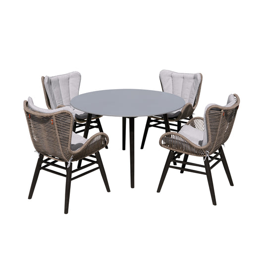 Armen Living - Sydney and Fanny 5 Piece Outdoor Patio Dining Set in Eucalyptus Wood with Rope and Grey Cushions - 840254335950