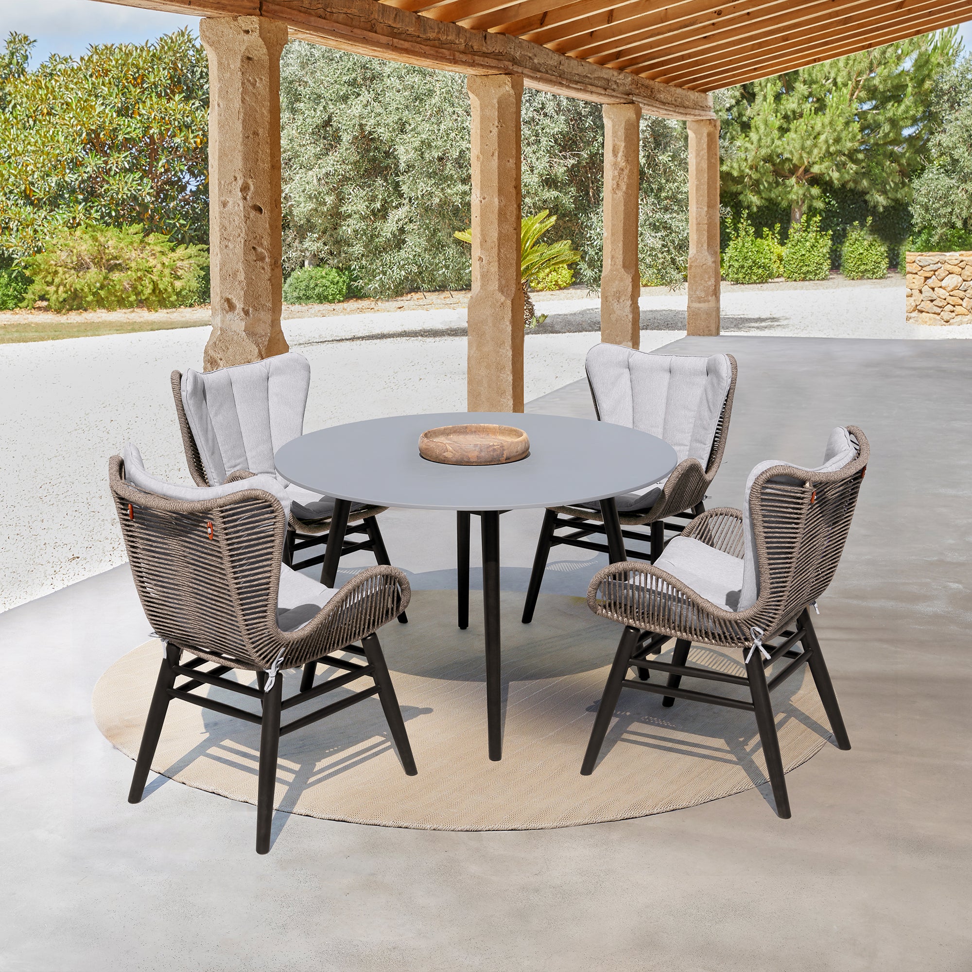 Armen Living - Sydney and Fanny 5 Piece Outdoor Patio Dining Set in Eucalyptus Wood with Rope and Grey Cushions - 840254335950