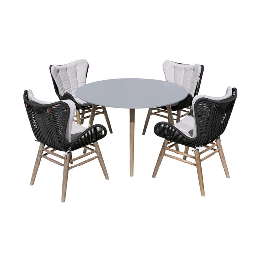 Armen Living - Sydney and Fanny 5 Piece Outdoor Patio Dining Set in Eucalyptus Wood with Rope and Grey Cushions - 840254335981