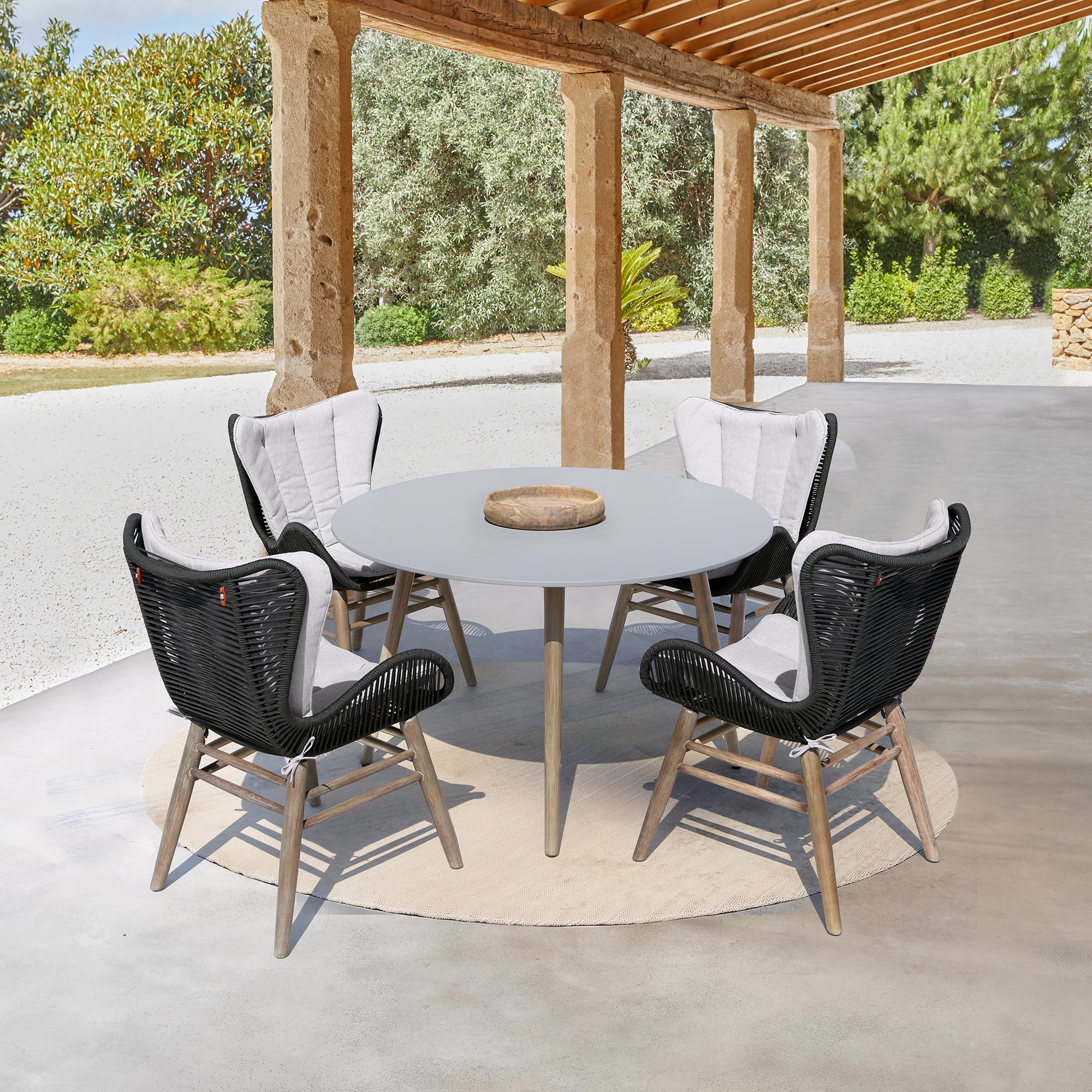 Armen Living - Sydney and Fanny 5 Piece Outdoor Patio Dining Set in Eucalyptus Wood with Rope and Grey Cushions - 840254335981
