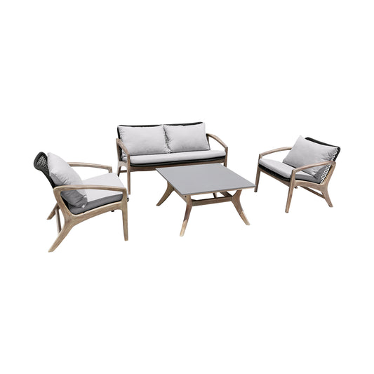 Armen Living - Brighton 4 Piece Outdoor Patio Seating Set in Eucalyptus Wood with Rope and White Cushions - 840254336155