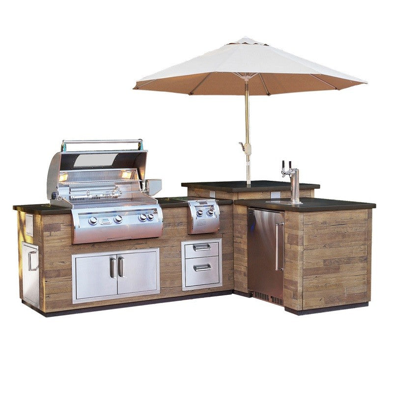 Fire Magic - L-Shaped "Reclaimed Wood" Island - "Reclaimed Wood" Base w/ Polished Black Lava Counter | IL660-SPR-116BA  * APPLIANCES SOLD SEPARATELY *