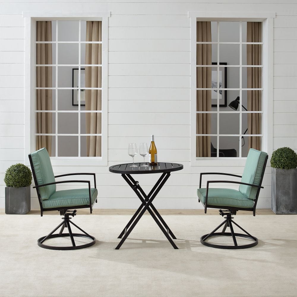 Crosley Furniture - Kaplan 3Pc Outdoor Metal Bistro Set Mist/Oil Rubbed Bronze - Bistro Table & 2 Swivel Chairs