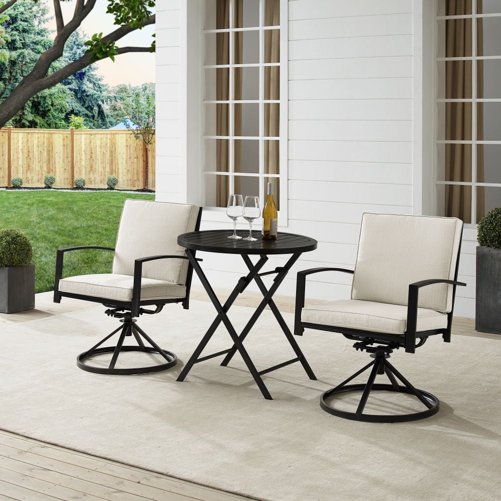 Crosley Furniture - Kaplan 3Pc Outdoor Metal Bistro Set Oatmeal/Oil Rubbed Bronze - Bistro Table & 2 Swivel Chairs