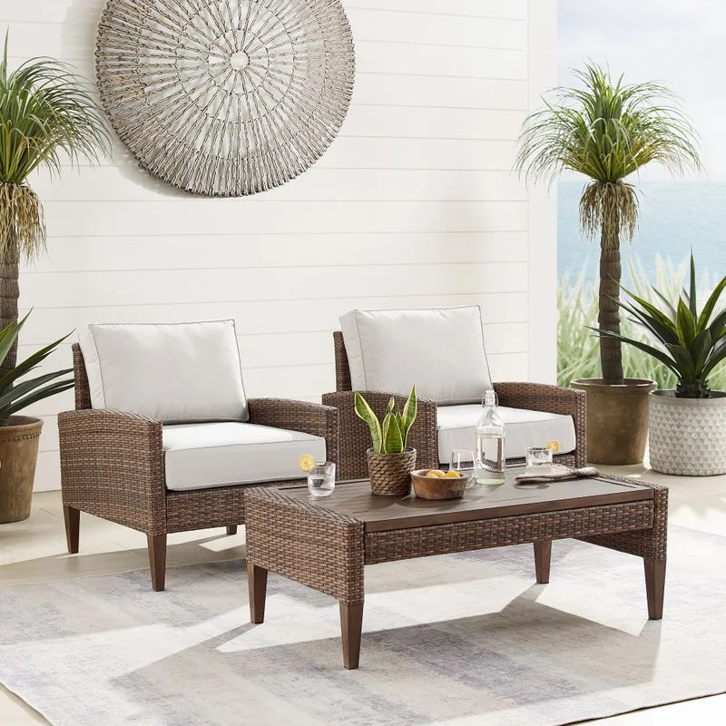 Crosley Furniture - Capella Outdoor Wicker 3Pc Chair Set Creme/Brown - Coffee Table & 2 Armchairs