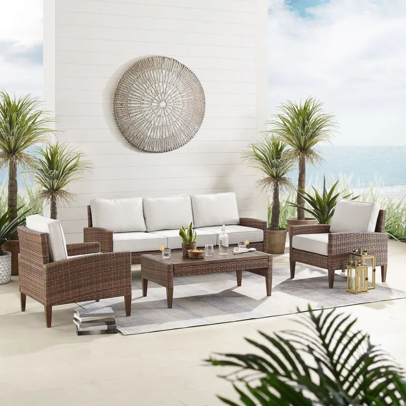 Crosley Furniture - Capella Outdoor Wicker 4Pc Sofa Set Creme/Brown - Coffee Table, Sofa, & 2 Armchairs