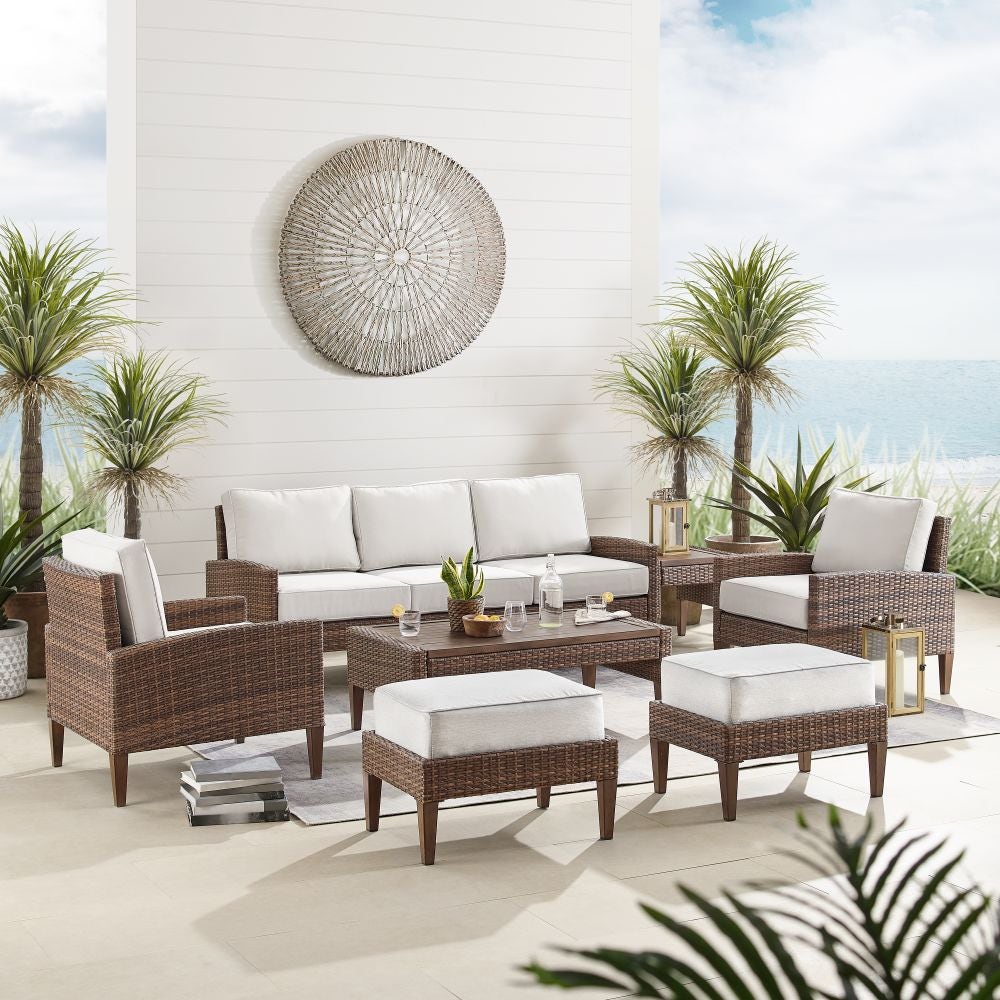 Crosley Furniture - Capella 7Pc Outdoor Wicker Sofa Set Creme/Brown - Sofa, Coffee Table, Side Table, 2 Armchairs, & 2 Ottomans