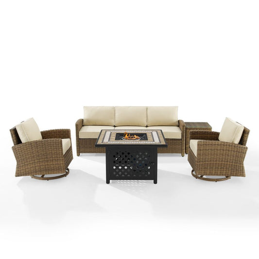 Crosley Furniture - Bradenton 5Pc Swivel Rocker And Sofa Set W/Fire Table Sand/Weathered Brown - Tucson Fire Table, Sofa, Side Table, & 2 Swivel Rockers