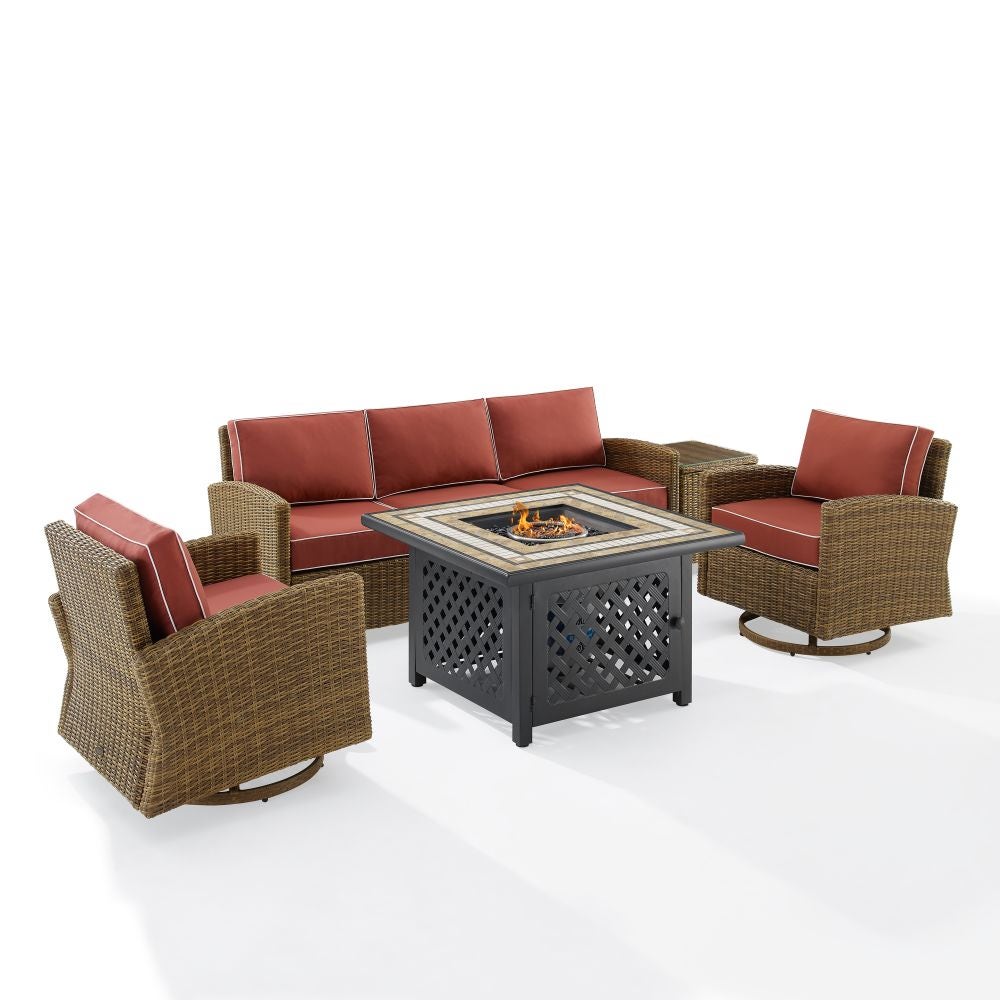 Crosley Furniture - Bradenton 5Pc Swivel Rocker And Sofa Set W/Fire Table Sangria/Weathered Brown - Tucson Fire Table, Sofa, Side Table, & 2 Swivel Rockers