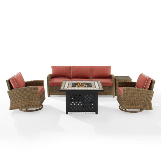 Crosley Furniture - Bradenton 5Pc Swivel Rocker And Sofa Set W/Fire Table Sangria/Weathered Brown - Tucson Fire Table, Sofa, Side Table, & 2 Swivel Rockers