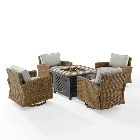 Crosley Furniture - Bradenton 5Pc Swivel Rocker Conversation Set W/Fire Table Gray/Weathered Brown - Tucson Fire Table & 4 Swivel Rockers