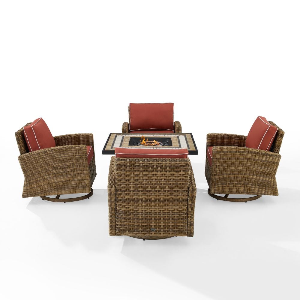 Crosley Furniture - Bradenton 5Pc Swivel Rocker Conversation Set W/Fire Table Sangria/Weathered Brown - Tucson Fire Table & 4 Swivel Rockers