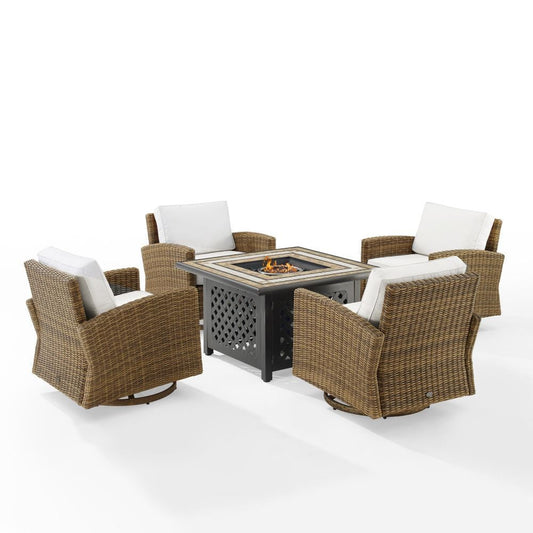 Crosley Furniture - Bradenton 5Pc Conversation Set W/Fire Table - Sunbrella White/Weathered Brown - Tucson Fire Table & 4 Swivel Rockers