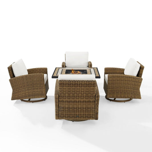 Crosley Furniture - Bradenton 5Pc Conversation Set W/Fire Table - Sunbrella White/Weathered Brown - Tucson Fire Table & 4 Swivel Rockers