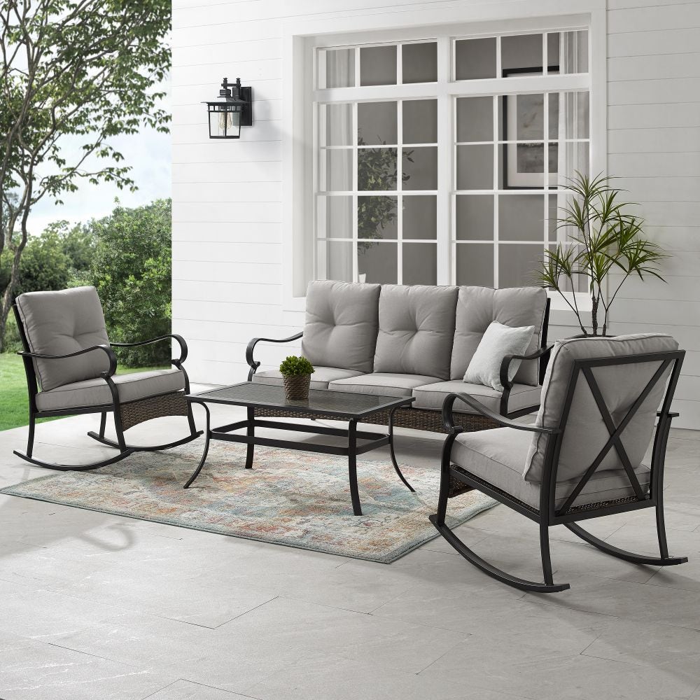 Crosley Furniture - Dahlia 4Pc Outdoor Metal And Wicker Sofa Set Taupe/Matte Black - Sofa, Coffee Table & 2 Rocking Chairs
