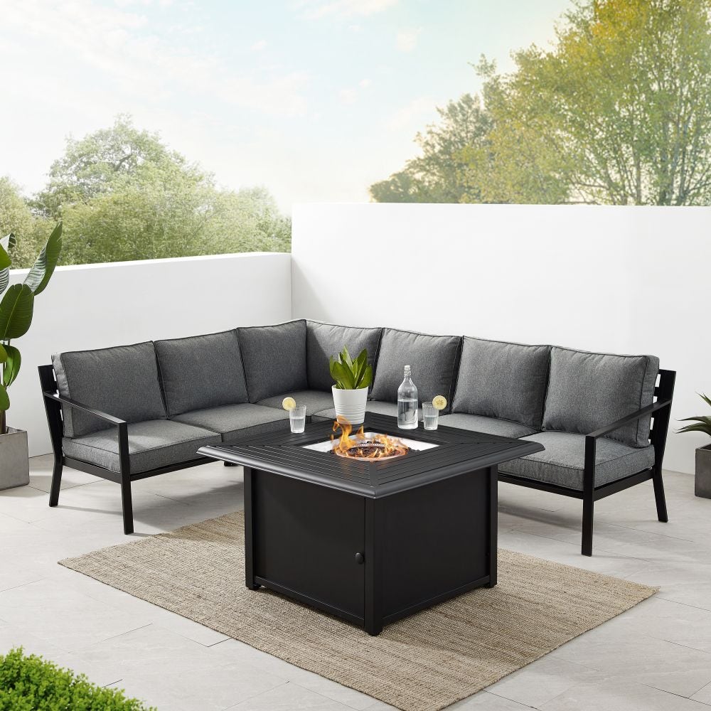 Crosley Furniture - Clark 5Pc Outdoor Metal Sectional Set W/Fire Table Charcoal/Matte Black - Left Loveseat, Right Loveseat, Corner Chair, Center Chair & Dante Fire Table