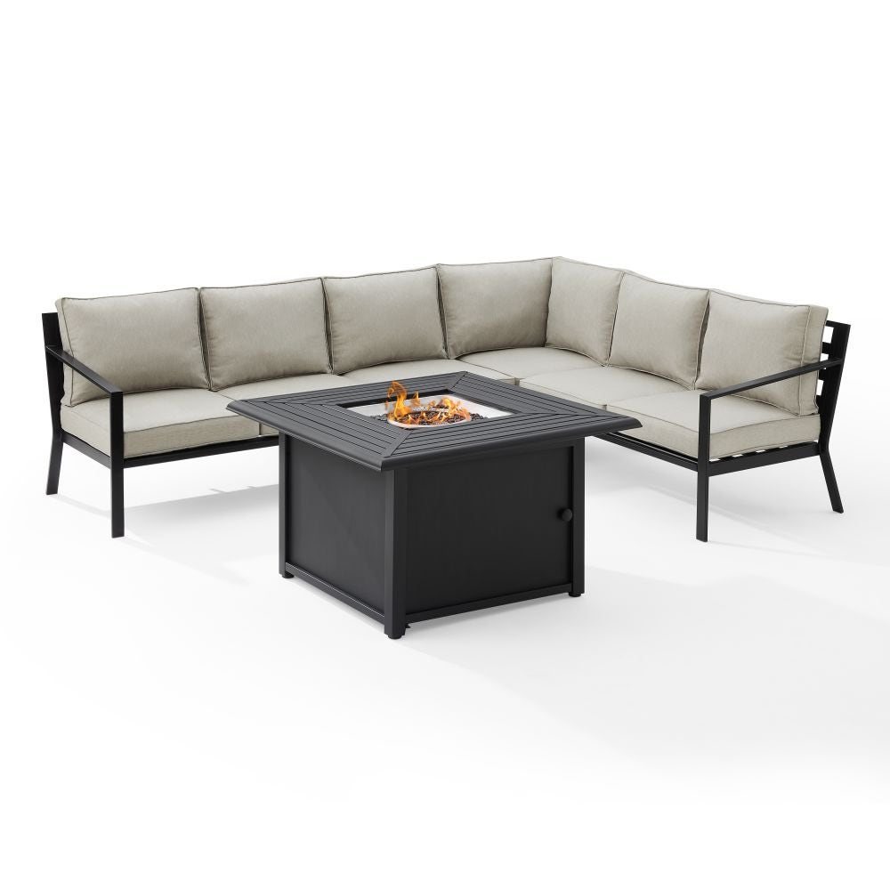 Crosley Furniture - Clark 5Pc Outdoor Metal Sectional Set W/Fire Table Taupe/Matte Black - Left Loveseat, Right Loveseat, Corner Chair, Center Chair & Dante Fire Table
