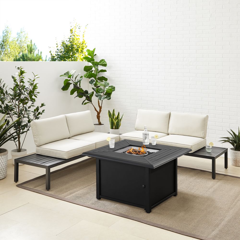 Crosley Furniture - Piermont 4Pc Outdoor Metal Sectional Set W/Fire Table Creme/Matte Black - Left Side Loveseat, Right Side Loveseat, Corner Side Table, & Dante Fire Table