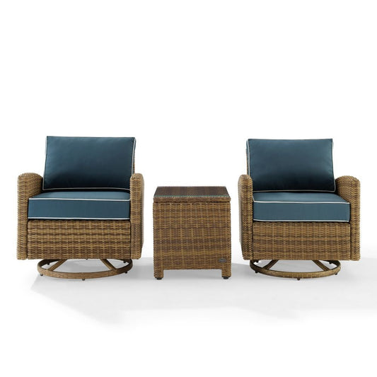 Crosley Furniture - Bradenton 3Pc Outdoor Wicker Swivel Rocker Chair Set Navy/Weathered Brown - Side Table & 2 Swivel Rockers