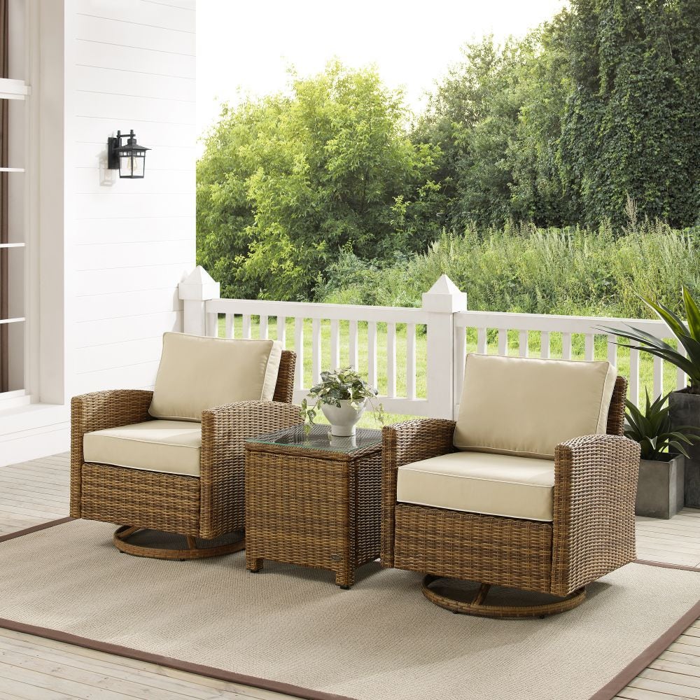 Crosley Furniture - Bradenton 3Pc Outdoor Wicker Swivel Rocker Chair Set Sand/Weathered Brown - Side Table & 2 Swivel Rockers