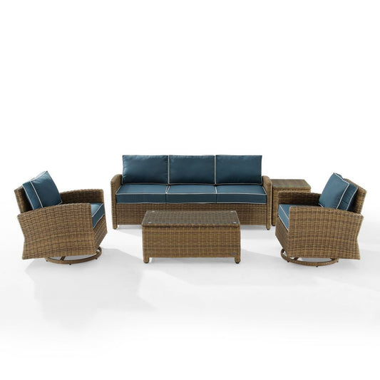 Crosley Furniture - Bradenton 5Pc Swivel Rocker And Sofa Set Navy/Weathered Brown - Sofa, Coffee Table, Side Table, & 2 Swivel Rockers