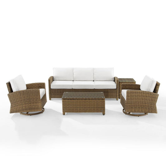Crosley Furniture - Bradenton 5Pc Swivel Rocker And Sofa Set - Sunbrella White/Weathered Brown - Sofa, Coffee Table, Side Table, & 2 Swivel Rockers