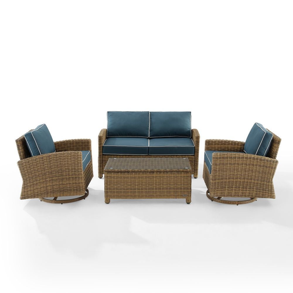 Crosley Furniture - Bradenton 4Pc Swivel Rocker Conversation Set Navy/Weathered Brown - Coffee Table, Loveseat, & 2 Swivel Rockers