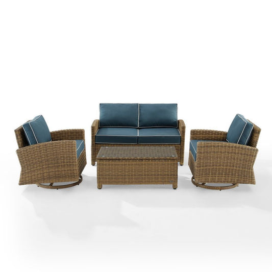 Crosley Furniture - Bradenton 4Pc Swivel Rocker Conversation Set Navy/Weathered Brown - Coffee Table, Loveseat, & 2 Swivel Rockers