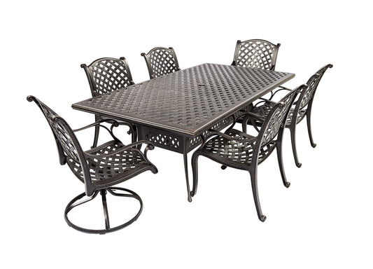 Lawton Casual Comfort - 7-Piece Cast Aluminum Dining Set with 86"x46" Table, 4 Chairs and 2 Swivel Rockers