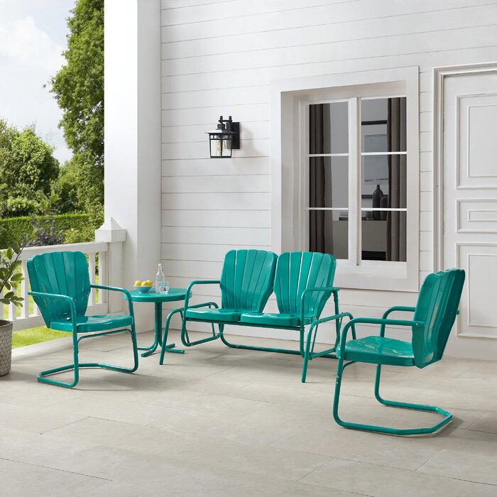 Crosley Furniture - Ridgeland 4Pc Outdoor Metal Conversation Set White Gloss - Loveseat Glider, Side Table, & 2 Armchairs