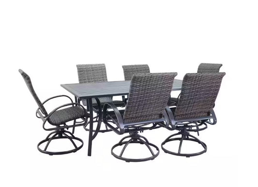 Courtyard Casual -  Santa Fe Dark Gray 7 Piece Rectangle Dining Set with 72" Table and 6 Wicker Swivel Rockers | 5594