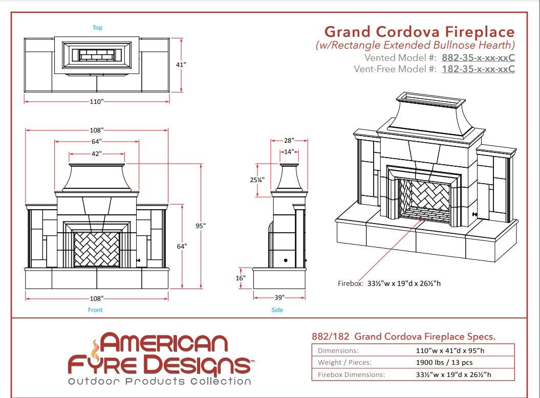American Fyre Designs - Grand Cordova Vented Outdoor Gas Fireplace | 882
