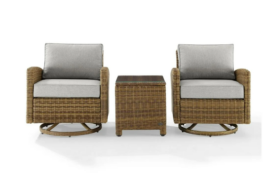 Crosley Furniture - Bradenton 3Pc Outdoor Wicker Swivel Rocker Chair Set Gray/Weathered Brown - Side Table & 2 Swivel Rockers
