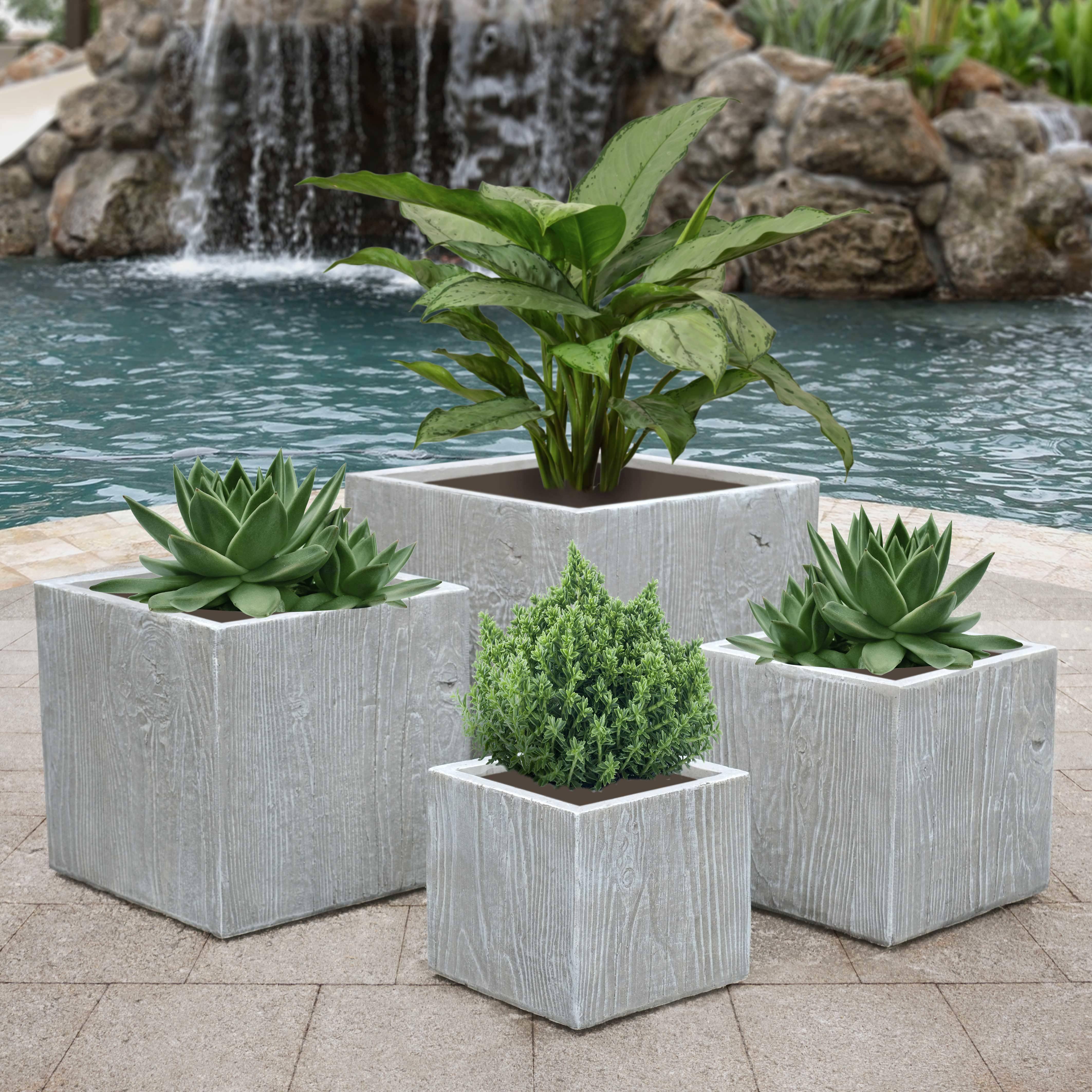 AFD Home Outdoor Decor Wood Design Planters Set of 4 in Gray Finish